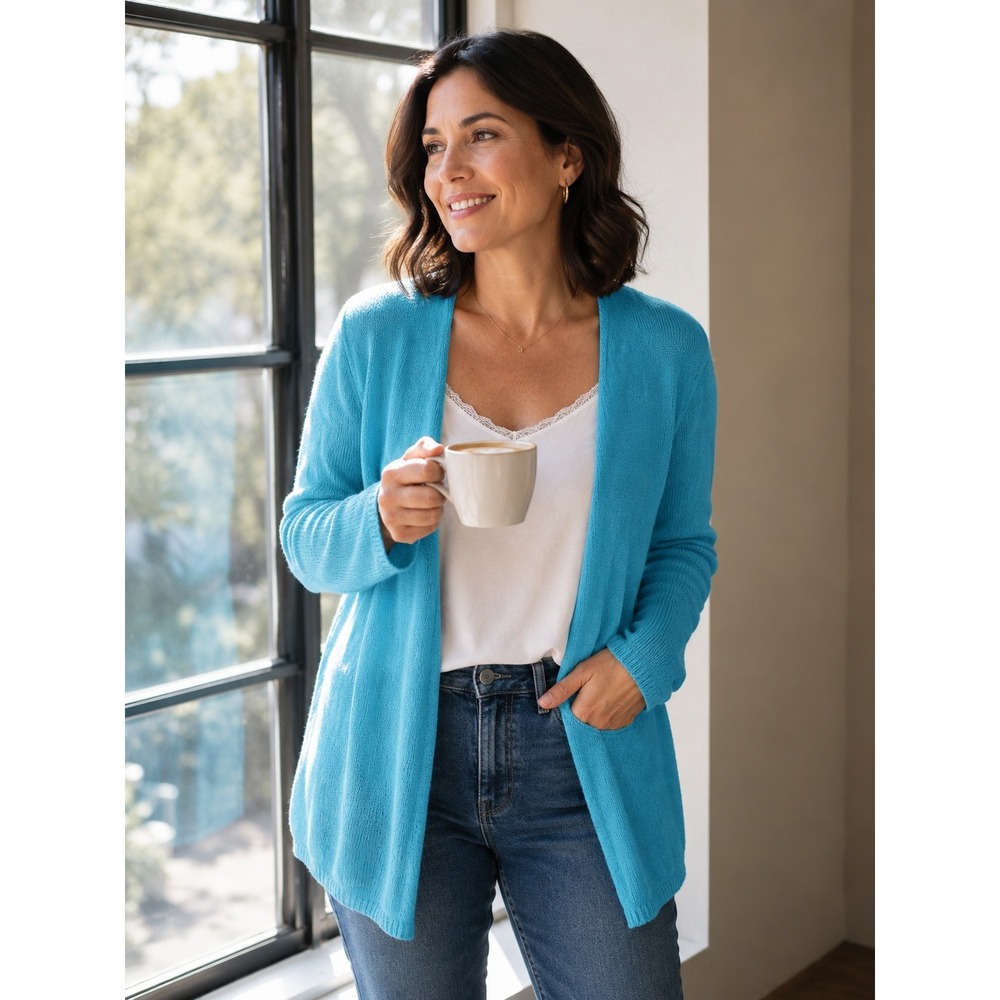 Minnie Rose Cashmere Cardigan Blue Size L Sweater Open Front Luxury Layer